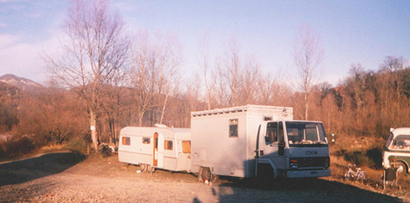 Ford Cargo and Caravan in Italy, we lived in the caravan and the studio was set up in the Truck.